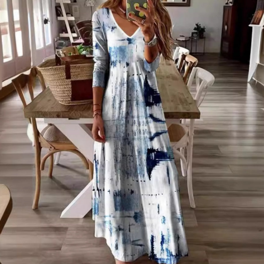 Women's Long-Sleeve Printed Dress with a Flowy Big Hem Design