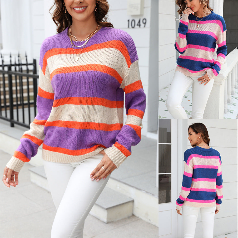 Wide Striped Knit Pullover Sweater – Base Layer Knitwear