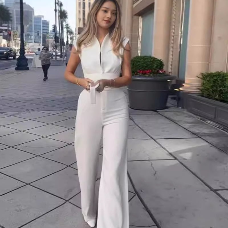 Solid Color Sleeveless Low-Neck Tight Jumpsuit