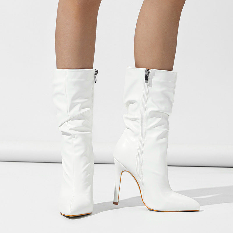 Skinny Fit Stretch Boots with Stiletto Heel and Pile Detailing