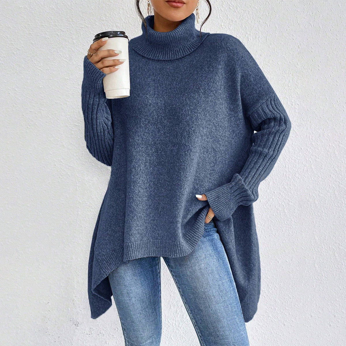 Irregular Hem Turtleneck Knitted Sweater with Loose Shoulders and Vertical Pattern, Long Sleeve