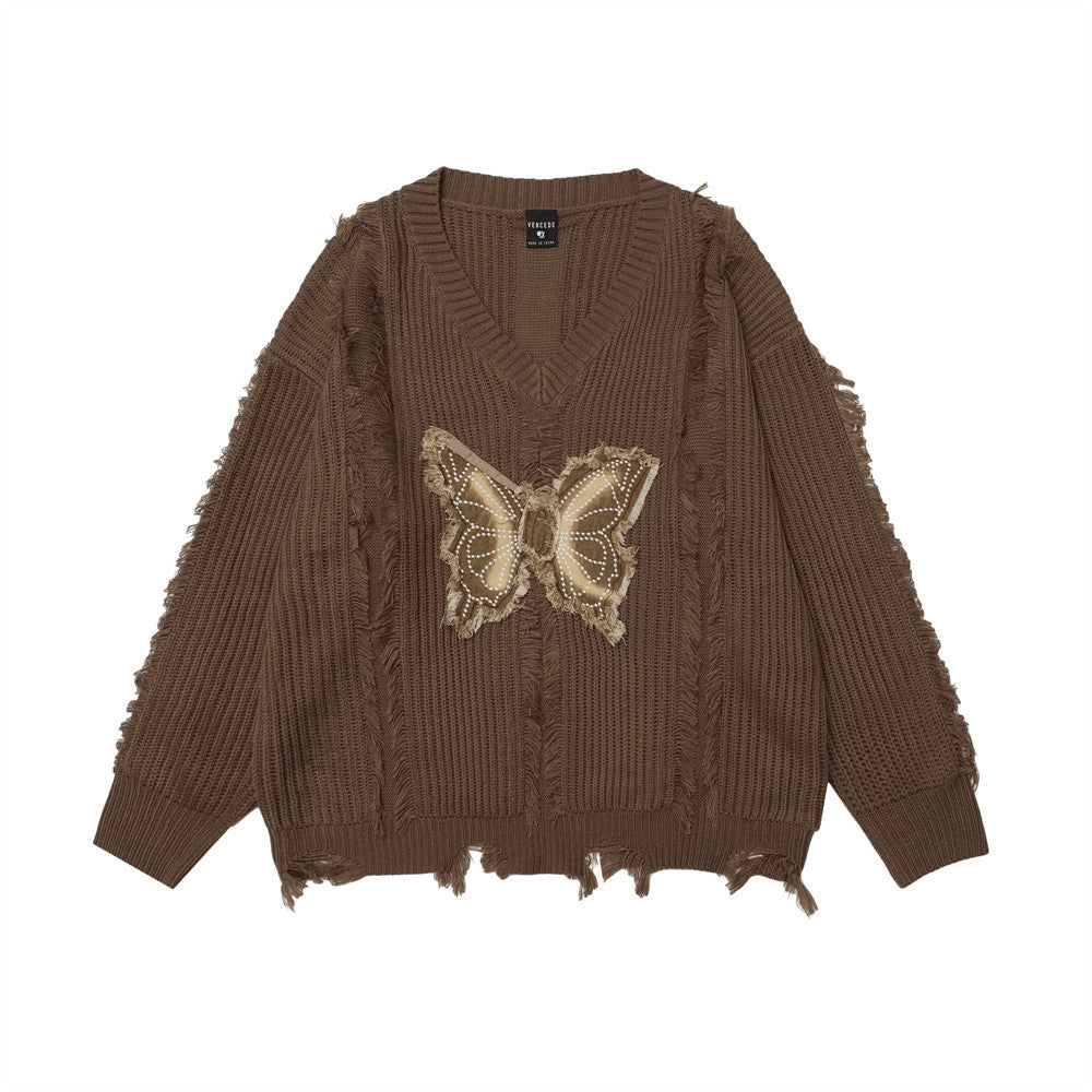 Butterfly-Embroidered Destroyed Frayed V-Neck Knitted Sweater with Worn Design