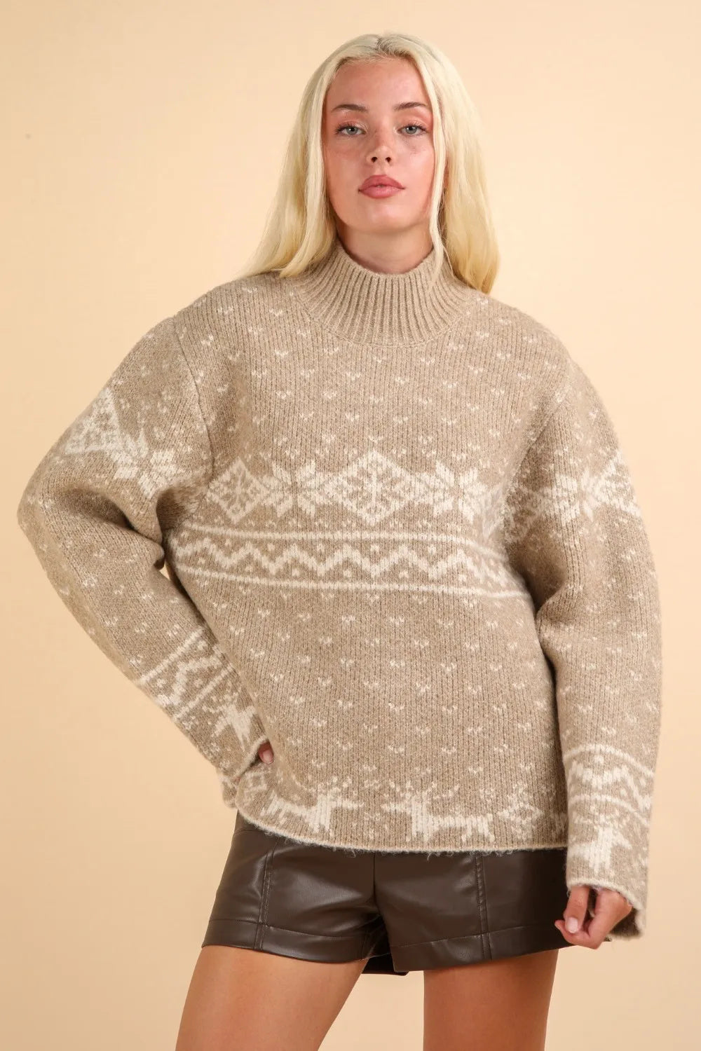 Christmas-Themed Mock Neck Long Sleeve Sweater