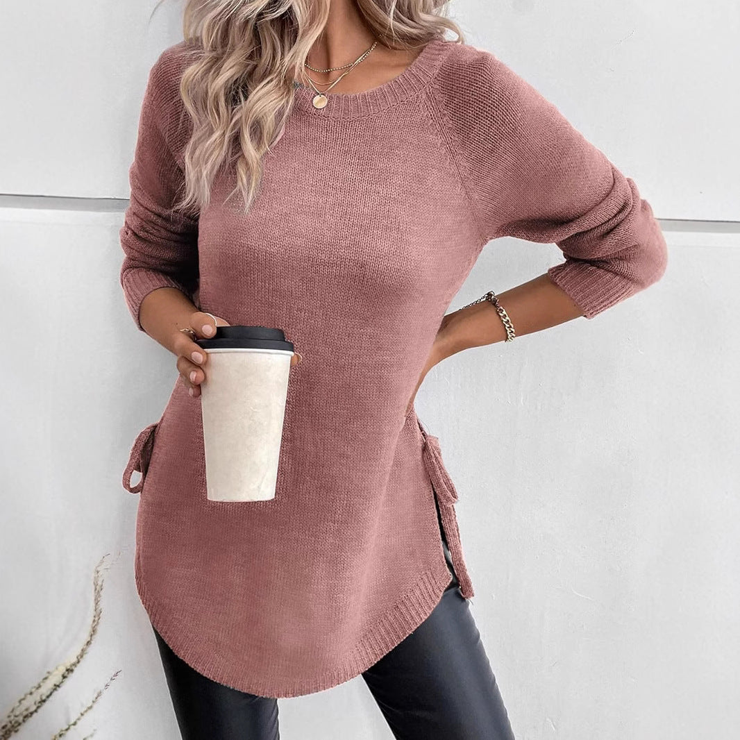 Elegant Round Neck Side Lace-Up Long Sleeve Pullover Sweater