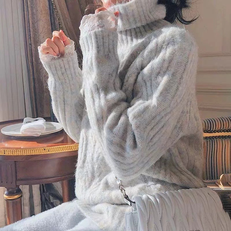 Loose-Fitting Retro Cable-Knit Turtleneck Sweater for Women