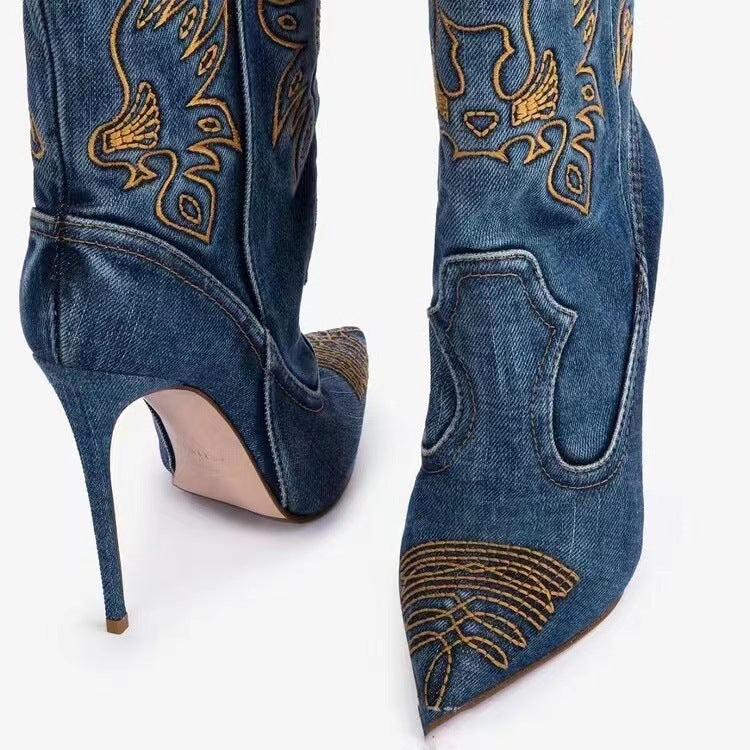 Women's High-Heel Western-Style Denim Fashion Boots