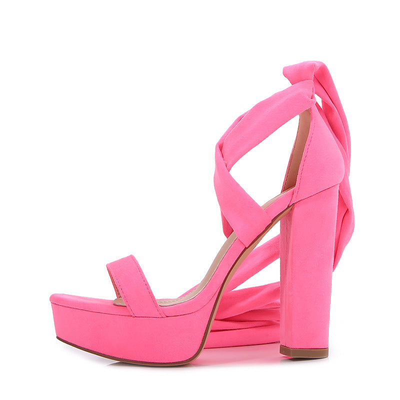 Solid Color Peep-Toe Chunky High Heels with Waterproof Platform