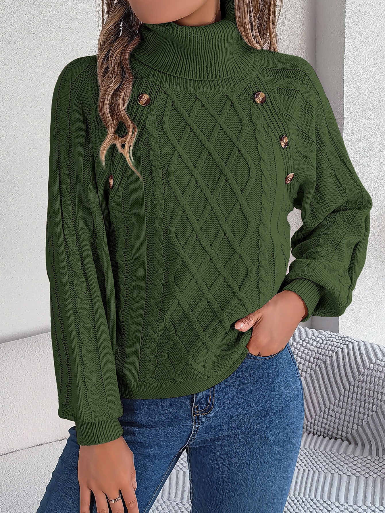 Casual Button-Detail Cable-Knit Turtleneck Sweater with Lantern Sleeves