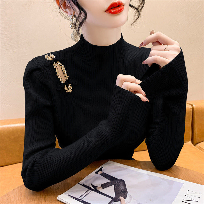 Women's Autumn and Winter National Style Puff Sleeve Half Turtleneck Slim-Fit Sweater