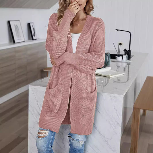 Women's Solid Color Knitted Sweater Cardigan Coat with Pockets