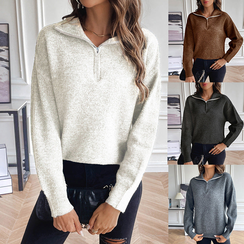 European and American Style Long-Sleeve Knit Top for Women, Solid Color Casual Sweatshirt