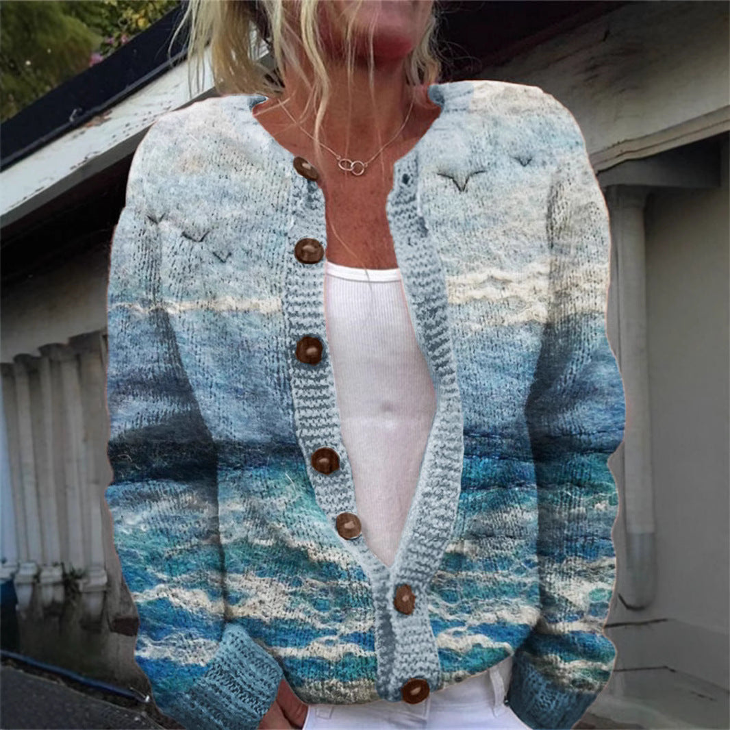 Women's 3D Digital Printing Cardigan – Knitted Coat with Imitation Sweater Design