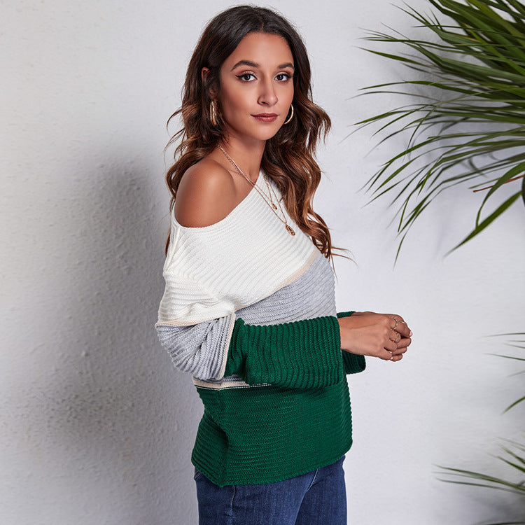 Contrast Color Striped Off Shoulder Oversized Knitted Sweater