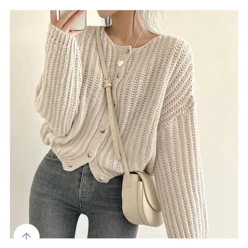 Lazy Solid Color Women's Sweater Coat – Loose Round Neck Single-Breasted Top