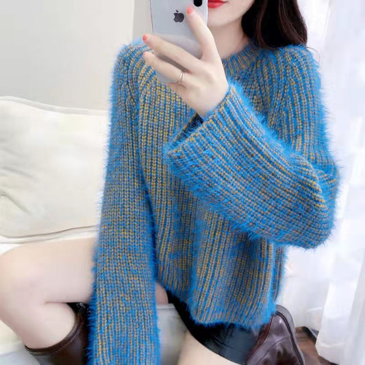 Loose-Fit Short Mink Fur Long Sleeve Knitted Top