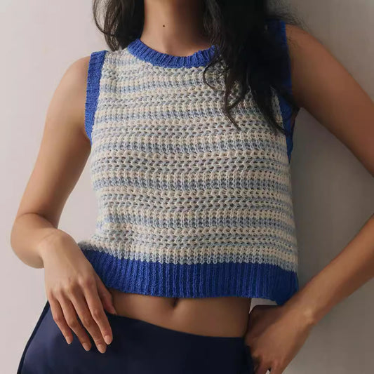 Round Neck Midriff-Baring Knitted Vest with Back Lace-Up - All-Matching Top