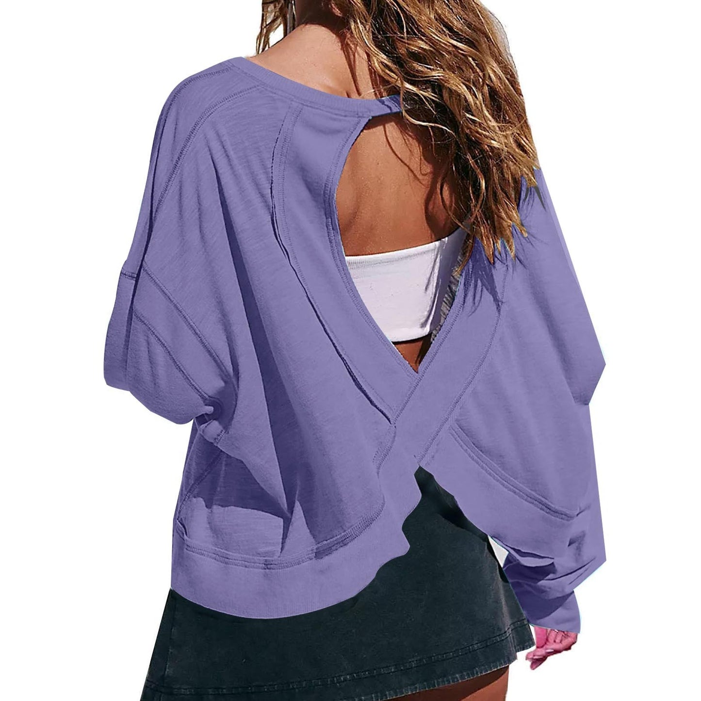 Women's Loose Long Sleeve Backless Hollow-Out Top – Stylish and Trendy