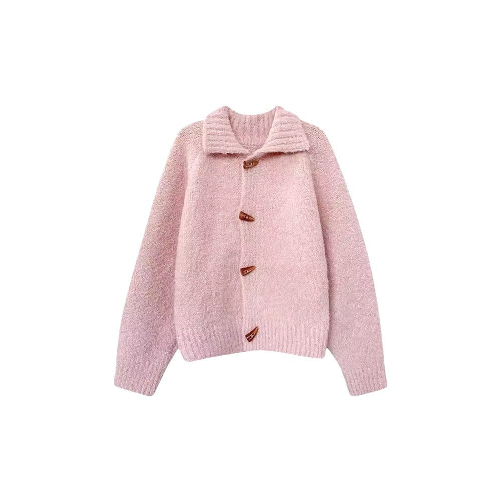 Women's Retro Solid Color Sweater Coat with Horn Buttons