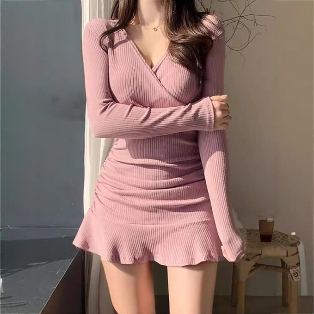 Women's Street Style Long Sleeve V-Neck Dress – Trendy and Casual