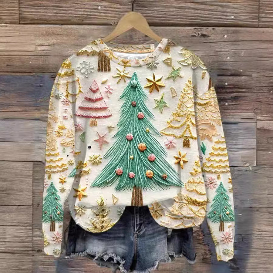 New Printed Loose Christmas Tree Pullover Sweater – Unisex Round Neck for Men & Women