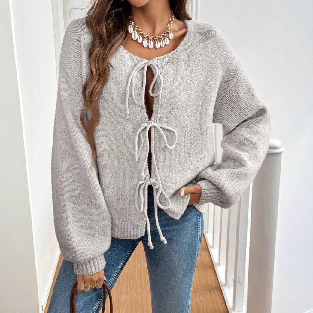 Women's Casual Loose Lace-Up Cardigan – Solid Color Sweater