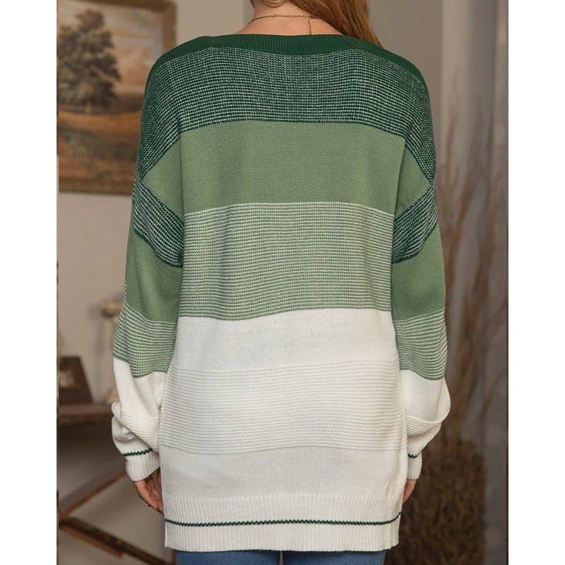 Women's Gradient Striped Color-Blocking Sweater – Loose Fit Green Knit Pullover