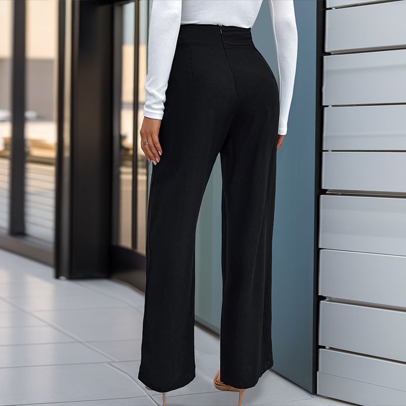 European and American Style Solid Color High-Waisted Straight Pants with Buckle