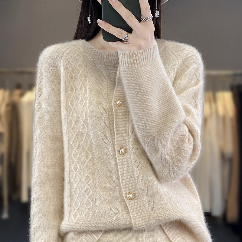 Women's Round Neck Pure Wool Knit Cardigan – Long Sleeve, Casual and Simple Design