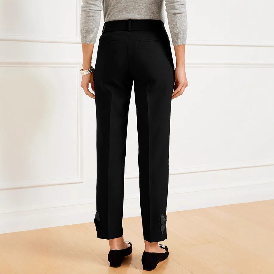 Women's Slim High-Waist Cropped Pants with Bow Detail