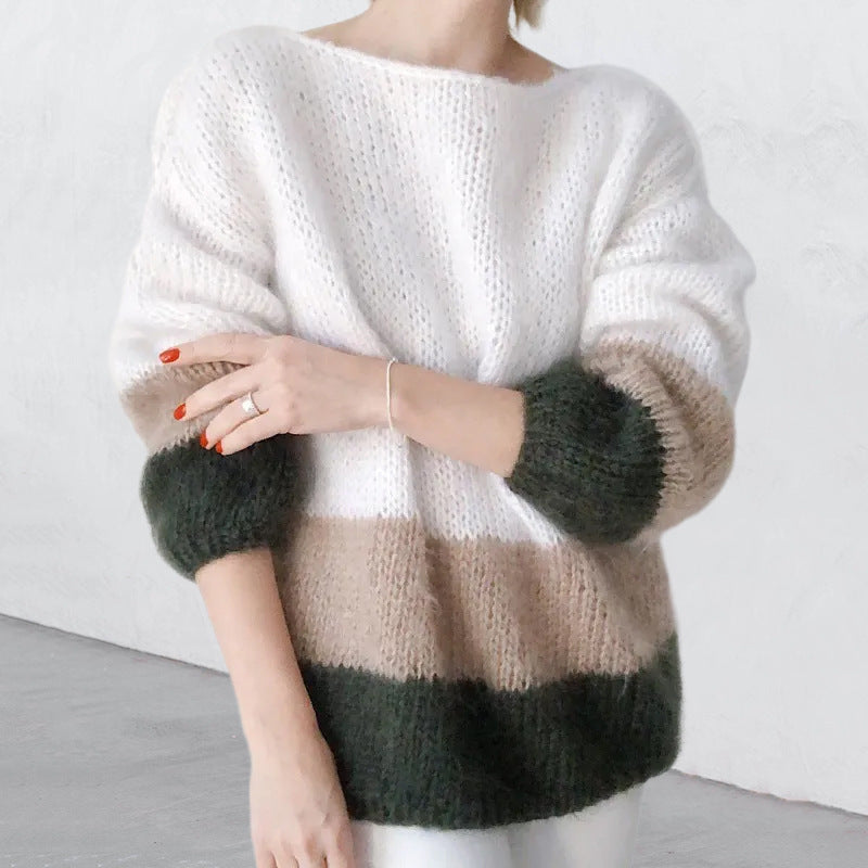 New Autumn and Winter Temperament Commuter Color-Blocking Knitted Furry Sweater