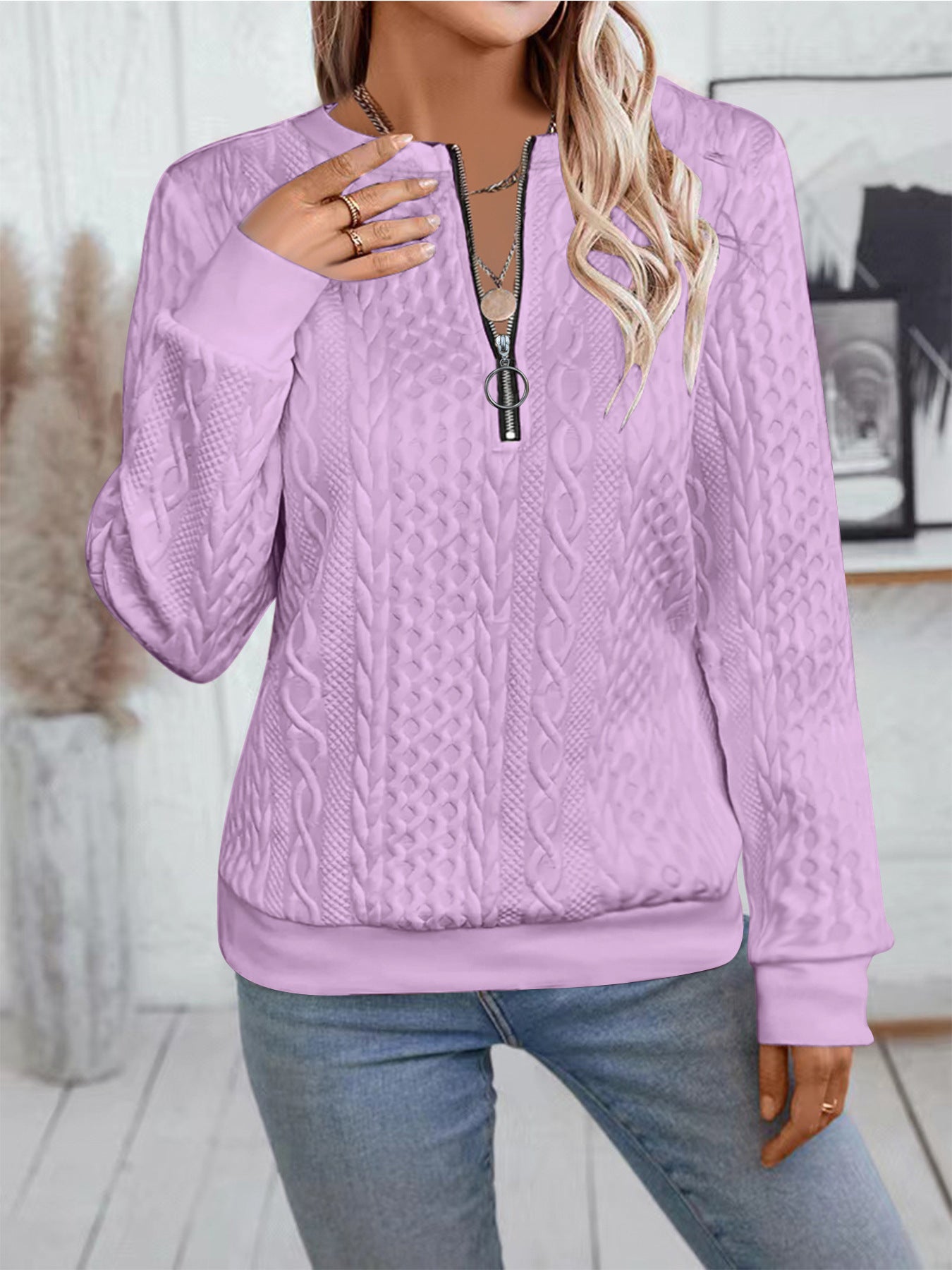 Women's Casual Long-Sleeve Zipper Sweater with Stylish Neckline