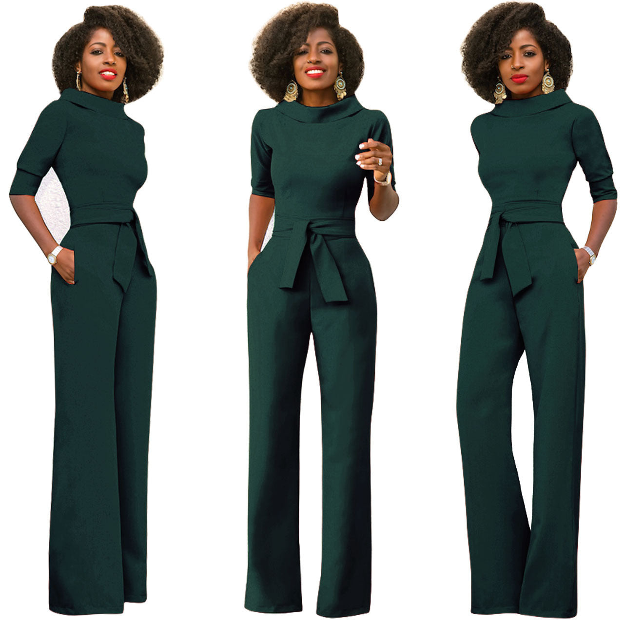 Women's Solid Color Five-Quarter Sleeve High-Waist Wide-Leg Jumpsuit