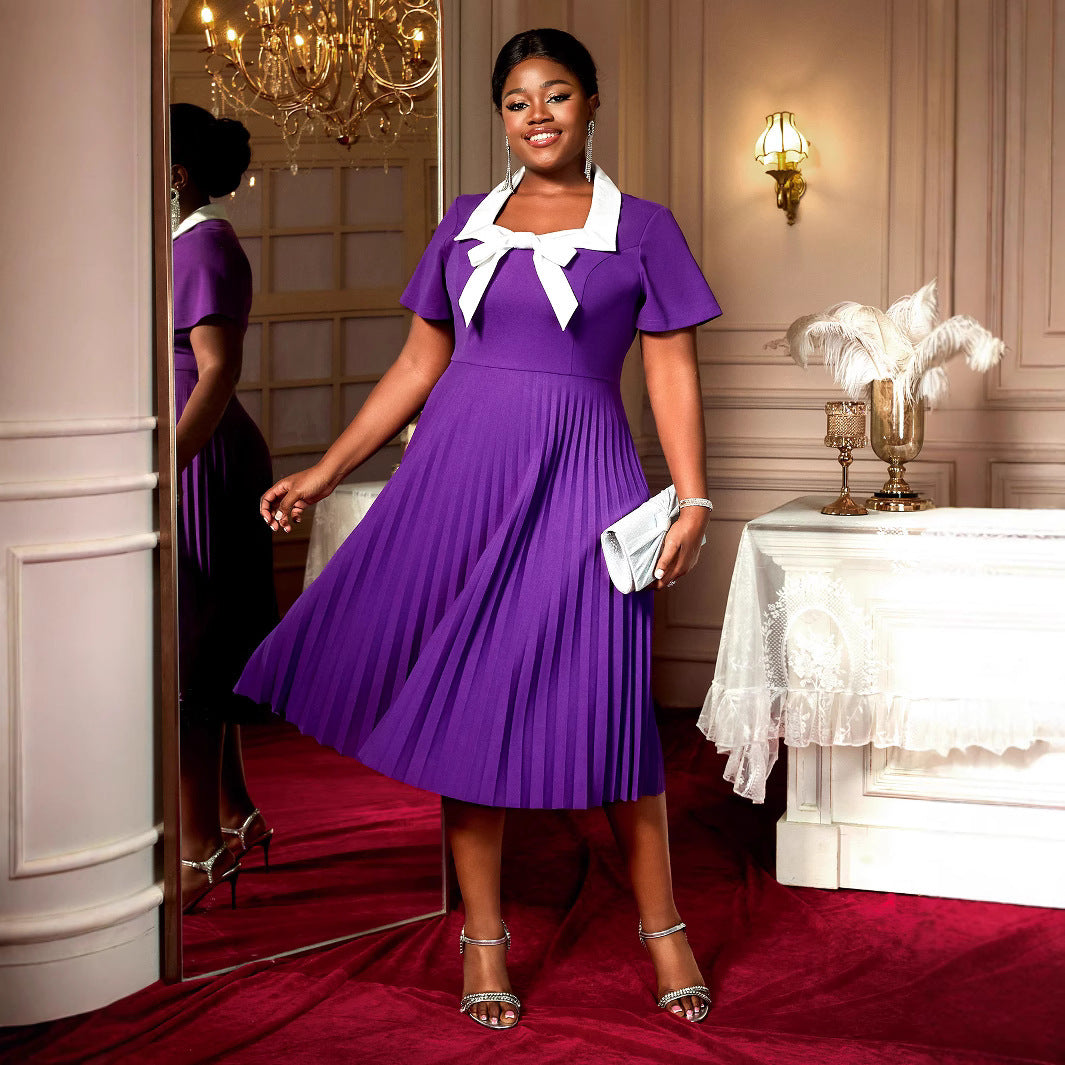 Plus Size Elegant Pleated Bow Square Collar Slimming Dress