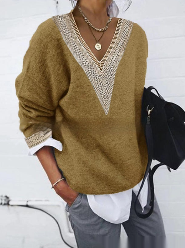 Long Sleeve Solid Color Knitted Sweater with Lace Collar