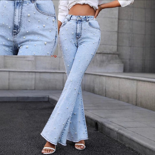 All-Match Stretch Jeans with Micro-Nail Pearl Detailing