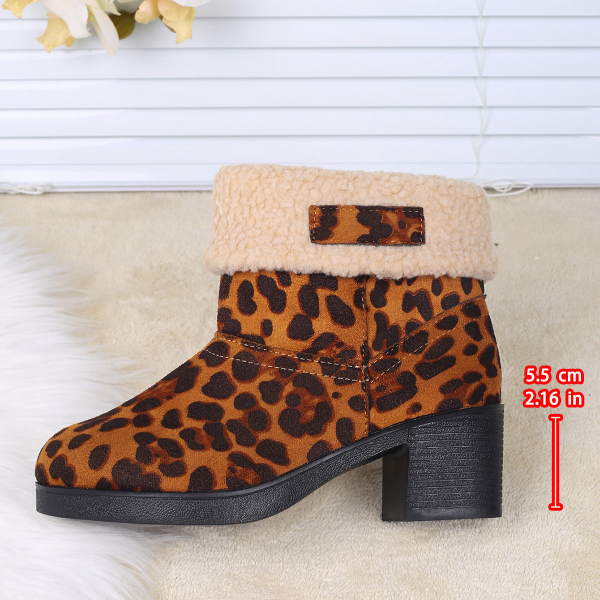 Women's New Foldable Leopard Print Mid-Calf Boots – Winter Warm Fleece with Thick Square Heels