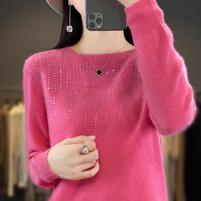 Round Neck Rhinestone Long-Sleeved Knitted Pullover Sweater for Women