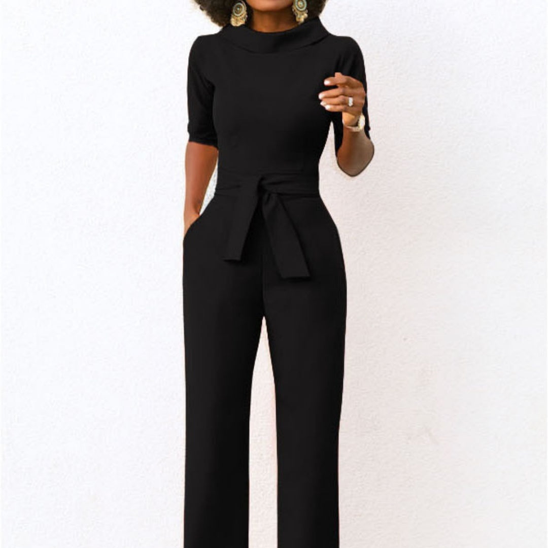 Women's Solid Color Five-Quarter Sleeve High-Waist Wide-Leg Jumpsuit