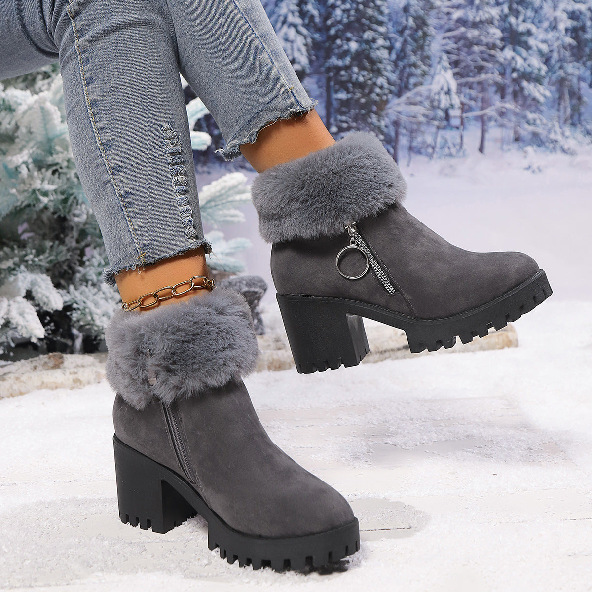 Women's Snow Velvet Thermal Thick-Heeled Short Boots – Winter Warm and Stylish Footwear