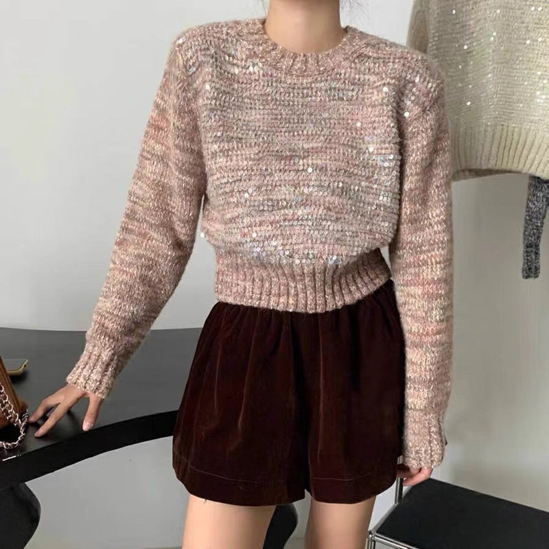 Korean Style O-Neck Sequined Short Pullover Sweater