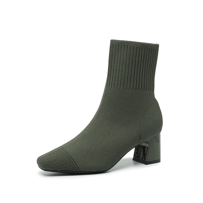 Elastic Chunky Heel Knitted Sock Boots