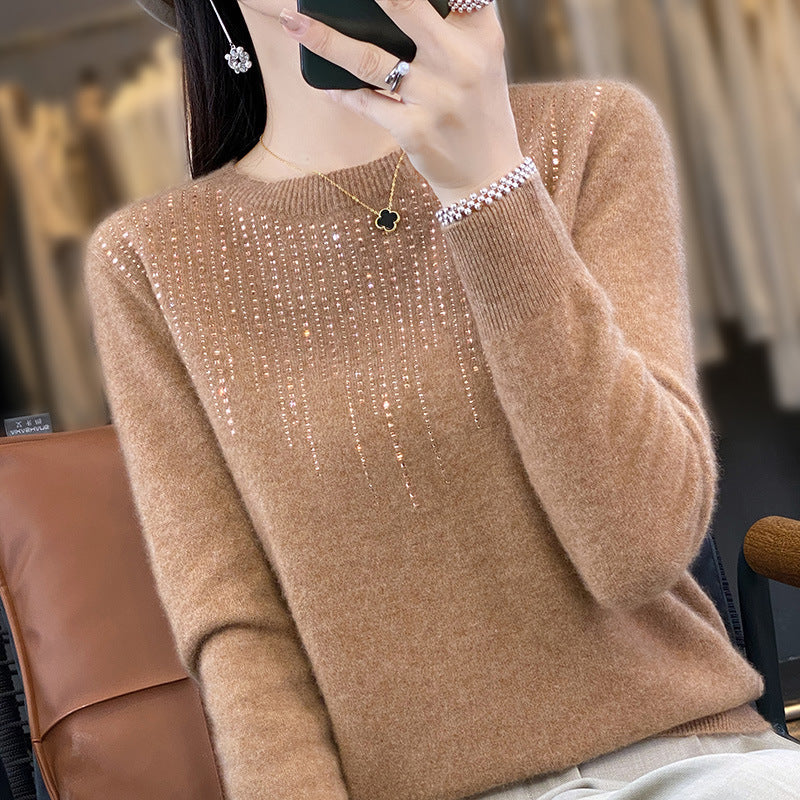 Round Neck Rhinestone Long-Sleeved Knitted Pullover Sweater for Women