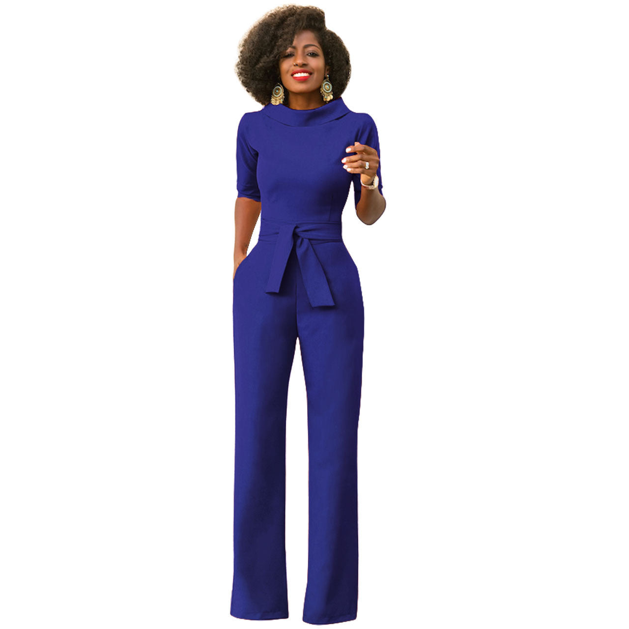 Women's Solid Color Five-Quarter Sleeve High-Waist Wide-Leg Jumpsuit