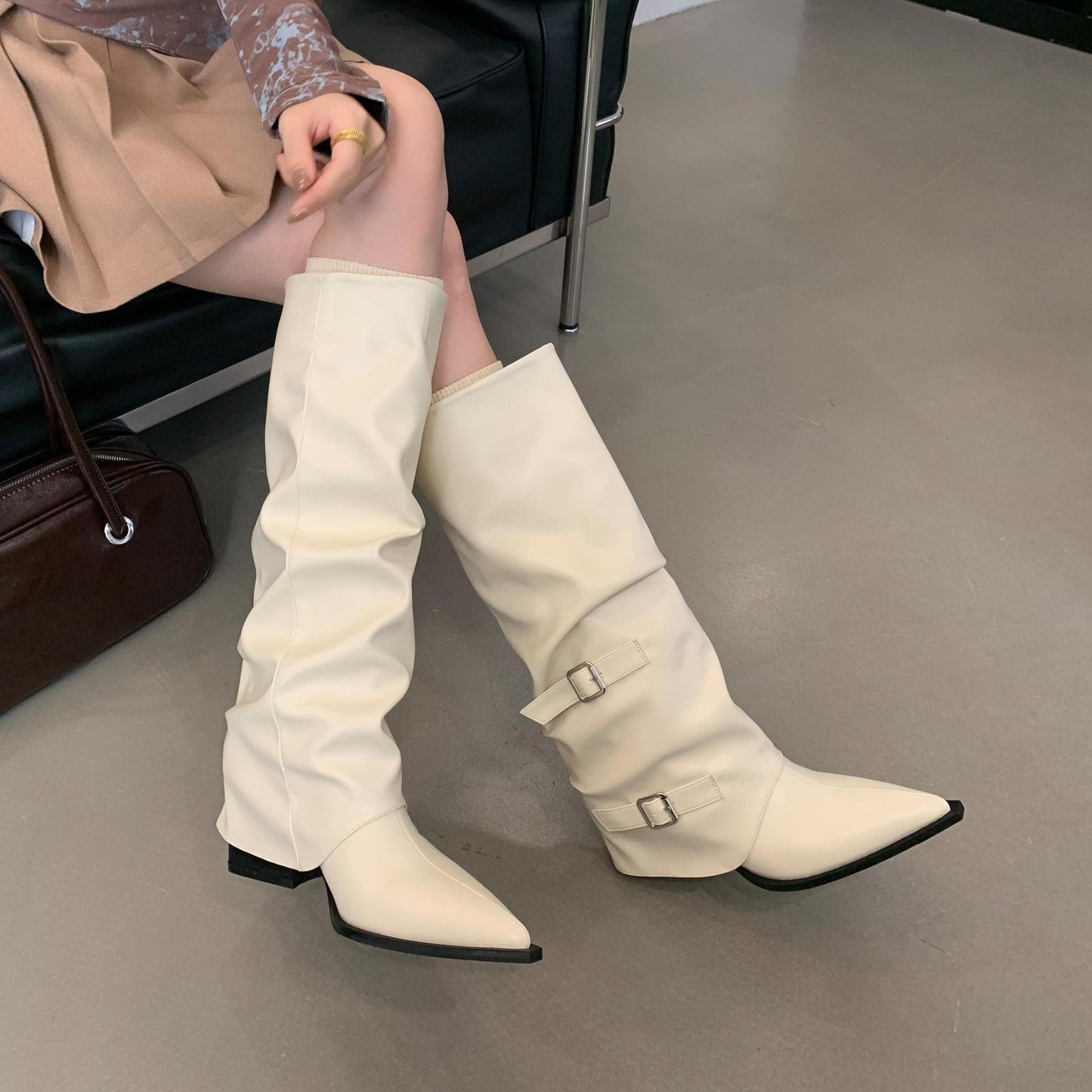 Pointed Toe Buckle Pleated Knee-high Boots – Punk Style Mid Heel Pile Boots