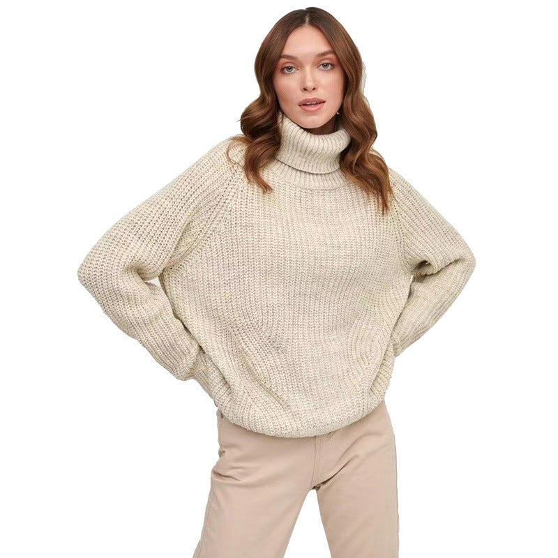 High Neck Thickened Turtleneck Sweater - Solid Color Casual Mid-Length for Autumn & Winter