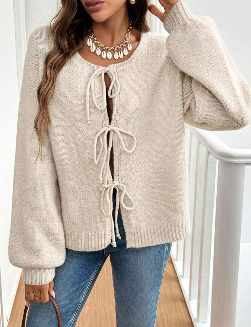 Women's Casual Loose Lace-Up Cardigan – Solid Color Sweater