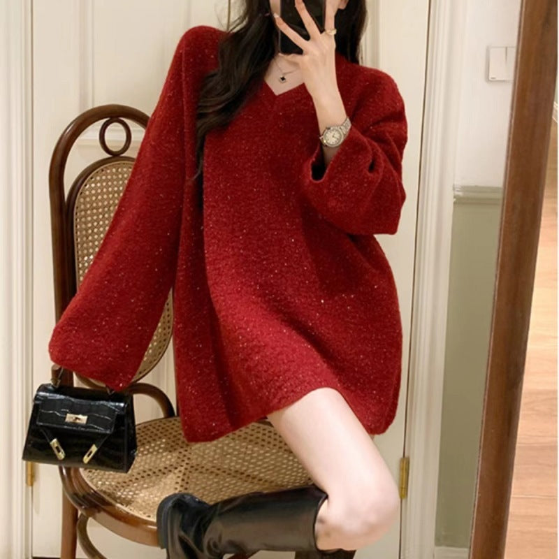 New Year Burgundy V-Neck Knitted Sweater Coat in Casual Style