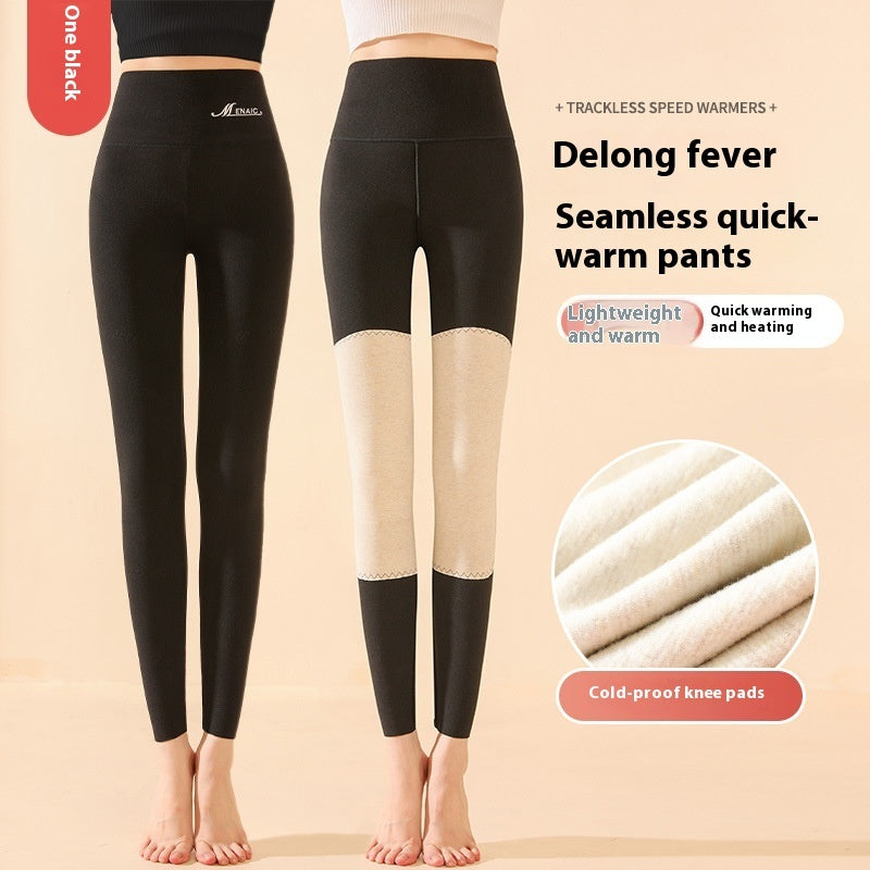 Women's Winter High-Waist Knee-Pad Leggings, Fashionable Warm Double-Sided Brushed Slim Pants