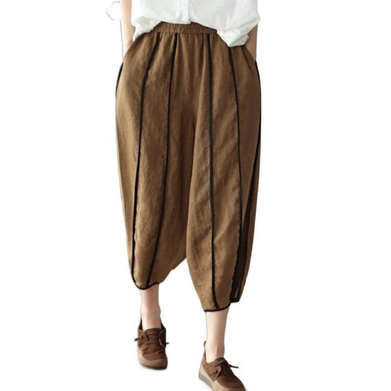 Women's Summer Thin Striped Cotton Linen Cropped Pants