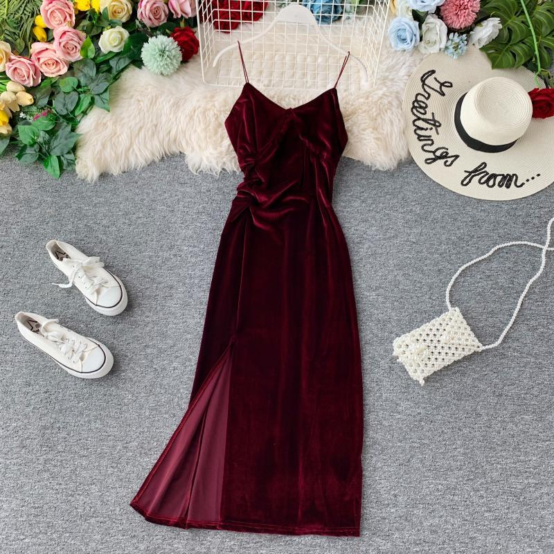 V-neck strap velvet dress